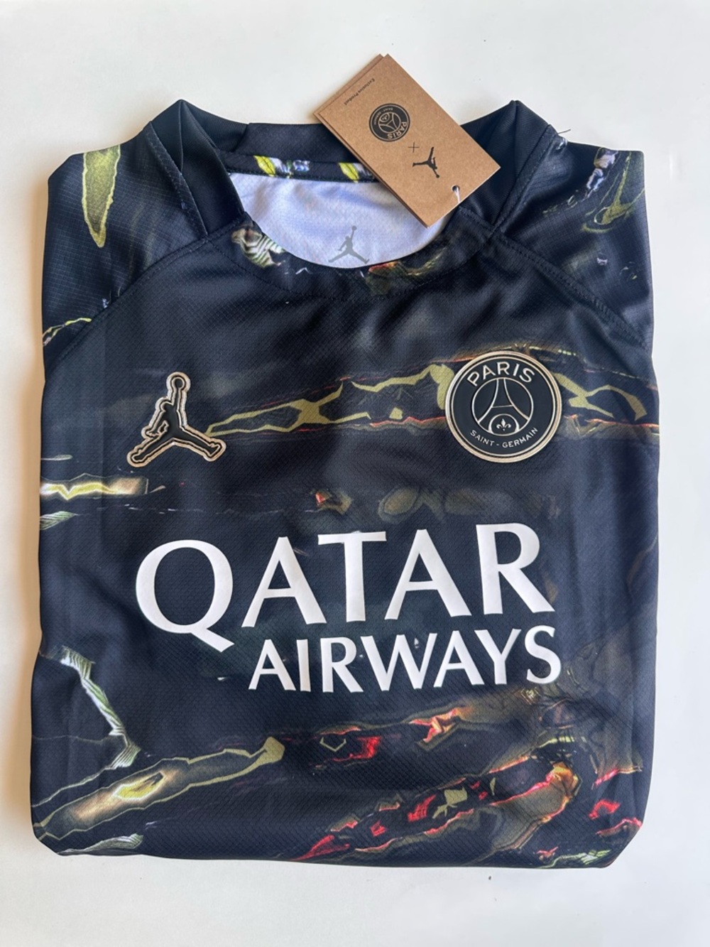 Men’s PSG Black Qatar Airways Jersey with Gold Accents